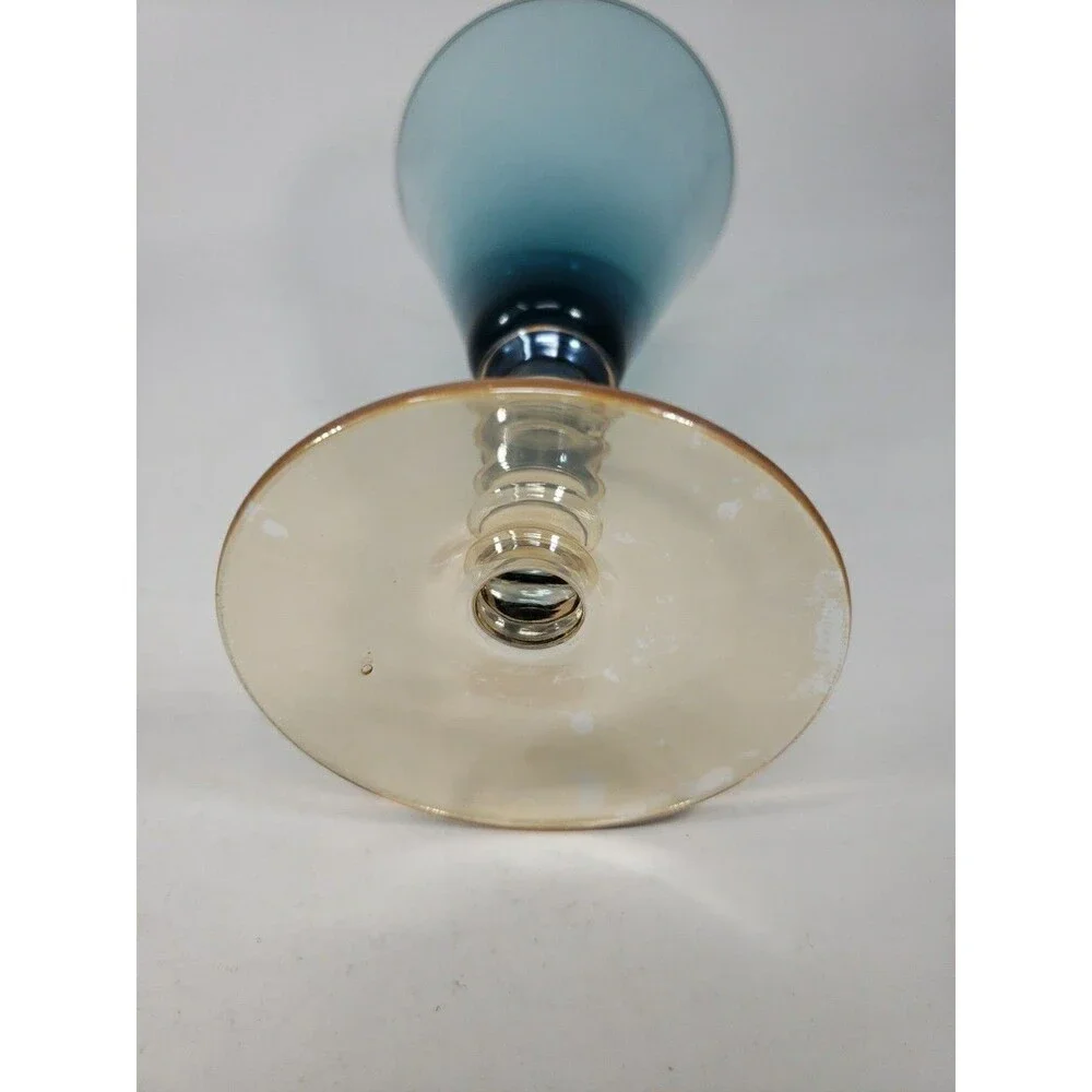 Vintage MCM Smoky Blue Glass Goblet Amber Stepped Ribbed Stem 2-Tone Wine Glass